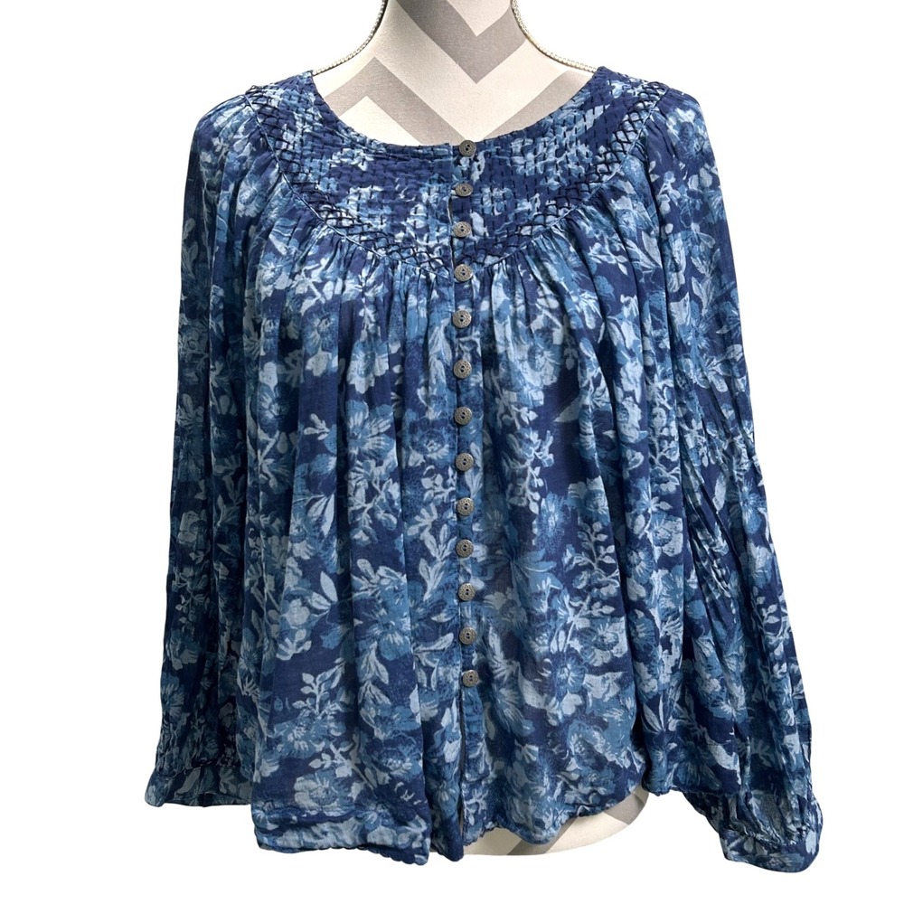 We The Free Cool Meadow Floral Button‎ Down Top Blue Flowy Boho Blouse Small